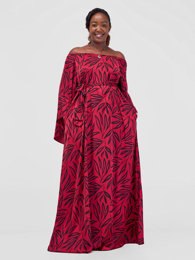 Vivo Sanali Off - Shoulder Maxi Dress - Red / Black Kasai Print - Shopzetu