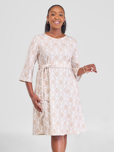 Vivo Imara 3/4 Sleeve Tent Dress - Taupe / White Duna Print