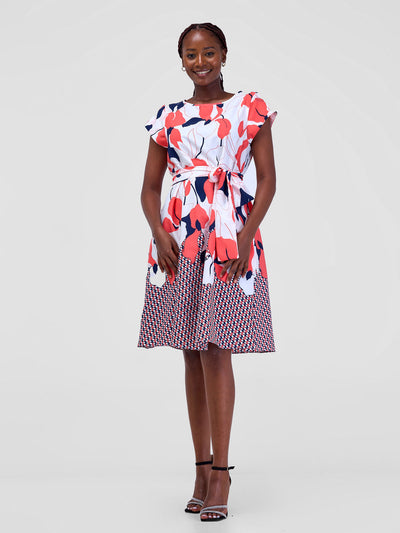 Vivo Basic Cap Sleeve Tent Knee Length Dress - Pink / Navy Print