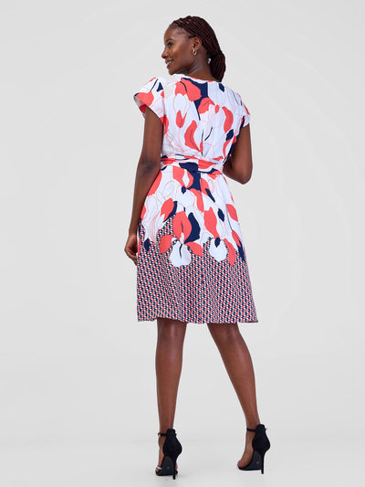 Vivo Basic Cap Sleeve Tent Knee Length Dress - Pink / Navy Print