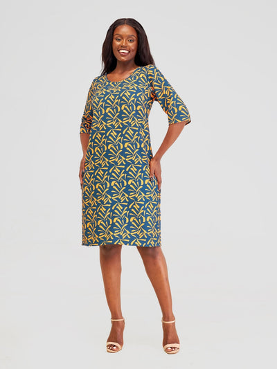 Vivo Pendo 3/4 Sleeve Shift Dress - Teal / Orange Tuli Print - Shopzetu