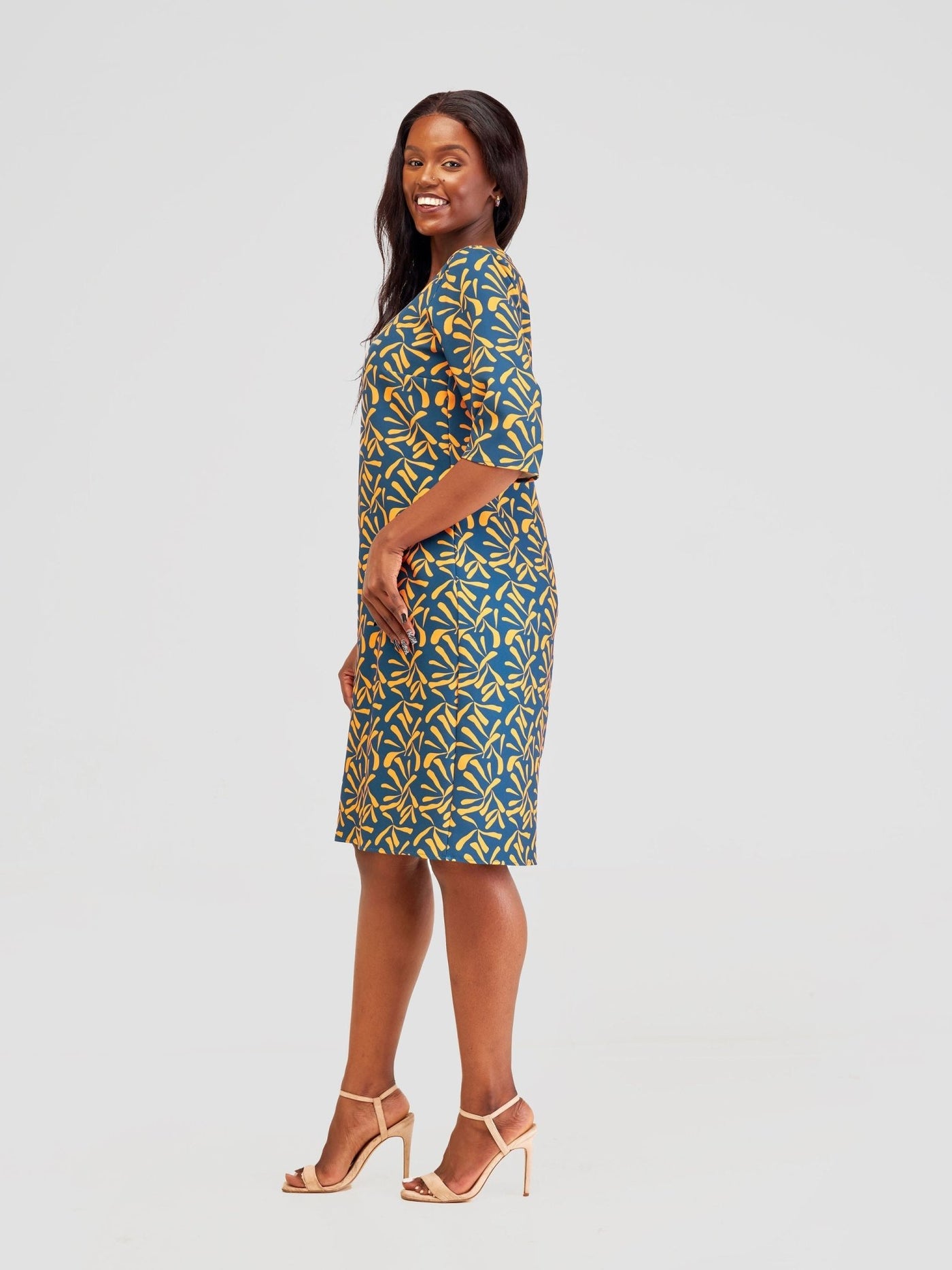 Vivo Pendo 3/4 Sleeve Shift Dress - Teal / Orange Tuli Print - Shopzetu