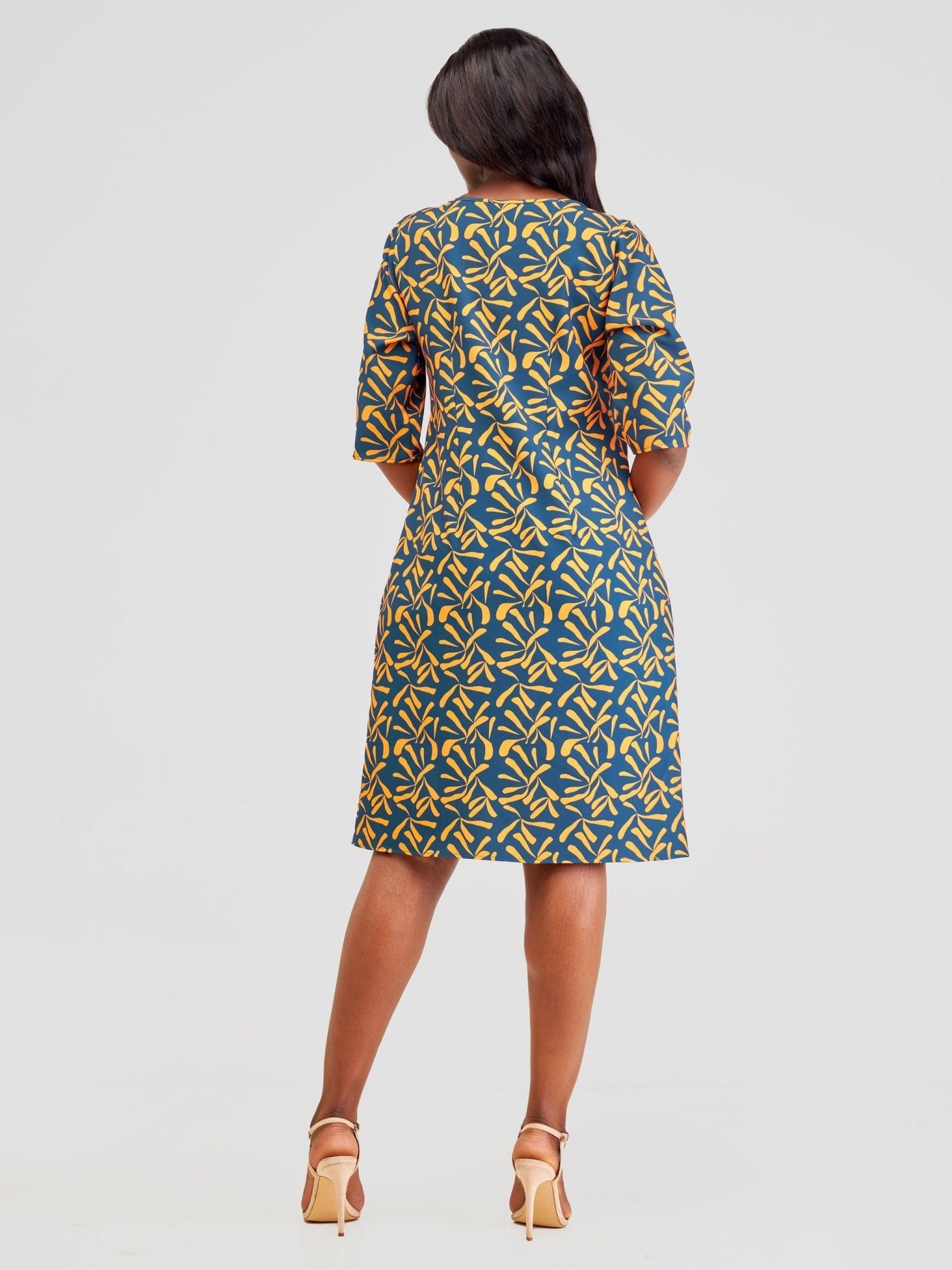 Vivo Pendo 3/4 Sleeve Shift Dress - Teal / Orange Tuli Print - Shopzetu