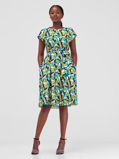 Vivo Basic Cap Sleeve Tent Knee Length Dress - Teal / Mustard Mawi Print - Shopzetu