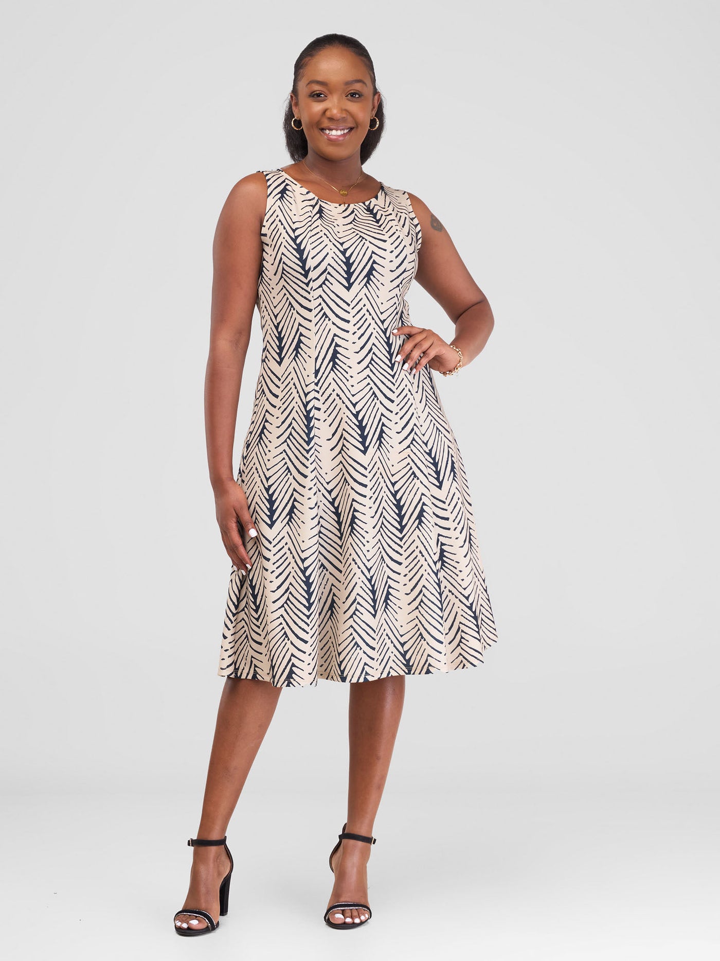 Vivo Imara Sleeveless Panelled Dress - Taupe / Black Tana Print