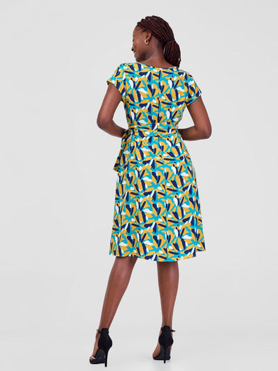 Vivo Basic Cap Sleeve Tent Knee Length Dress - Teal / Mustard Mawi Print - Shopzetu