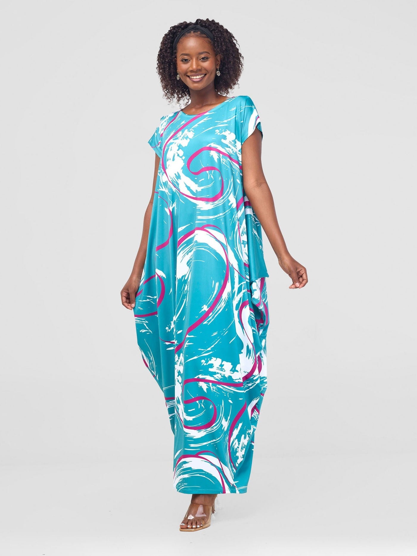 Vivo Lumi Drop Shoulder Maxi Dress - Teal / Purple Kita Print - Shopzetu