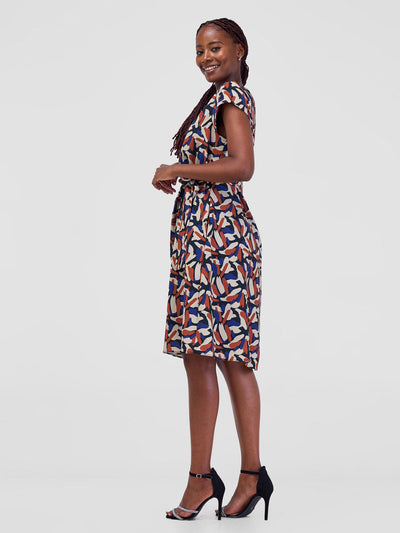 Vivo Basic Cap Sleeve Tent Knee Length Dress - Beige / Brown Mawi Print - Shopzetu