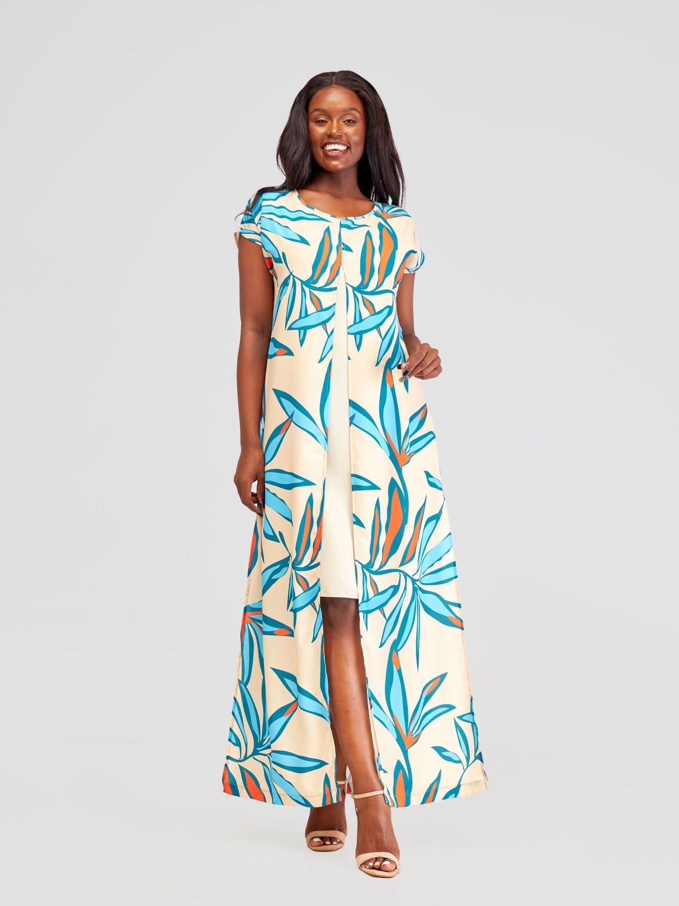 Vivo Kelemi Layered Maxi Dress - Off - White + Taupe / Blue Lemi Print - Shopzetu