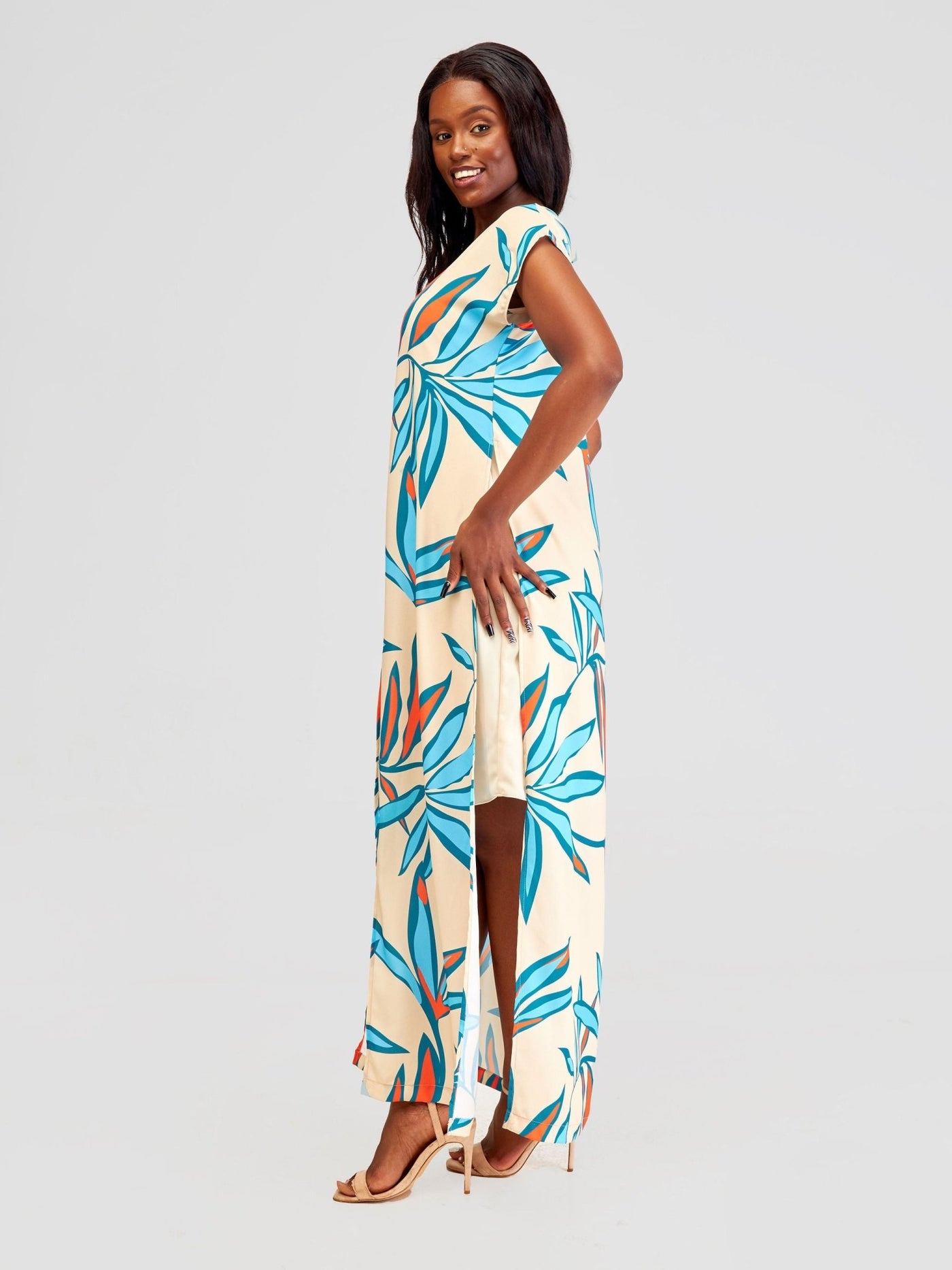 Vivo Kelemi Layered Maxi Dress - Off - White + Taupe / Blue Lemi Print - Shopzetu