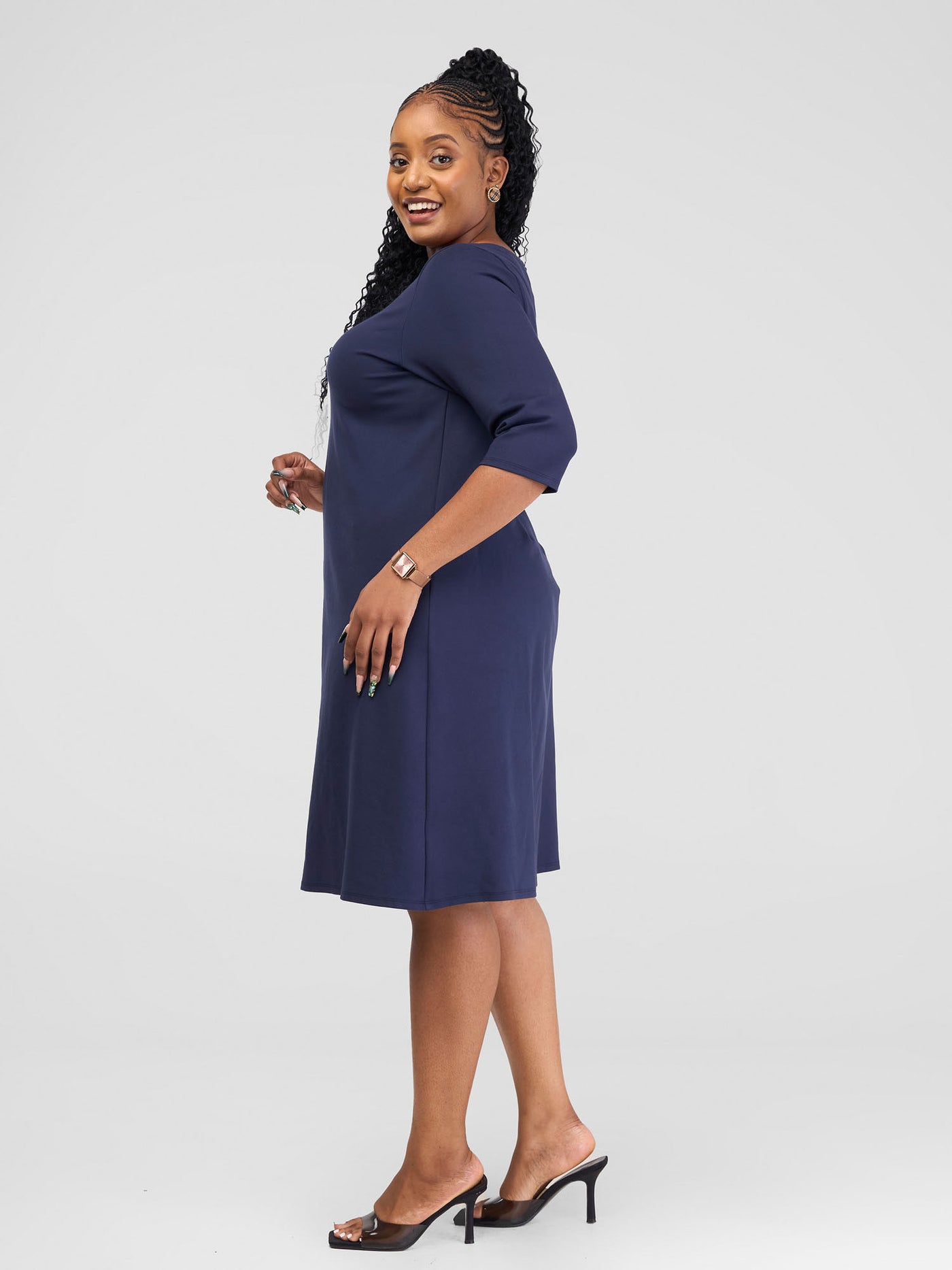 Vivo Vinna 3/4 Seeve A-Line Dress - Navy / White