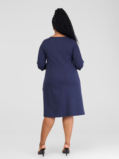 Vivo Vinna 3/4 Seeve A-Line Dress - Navy / White