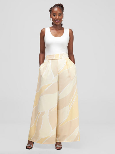 Vivo Asha Wide Leg Pants - Cream / Beige Print - Shopzetu