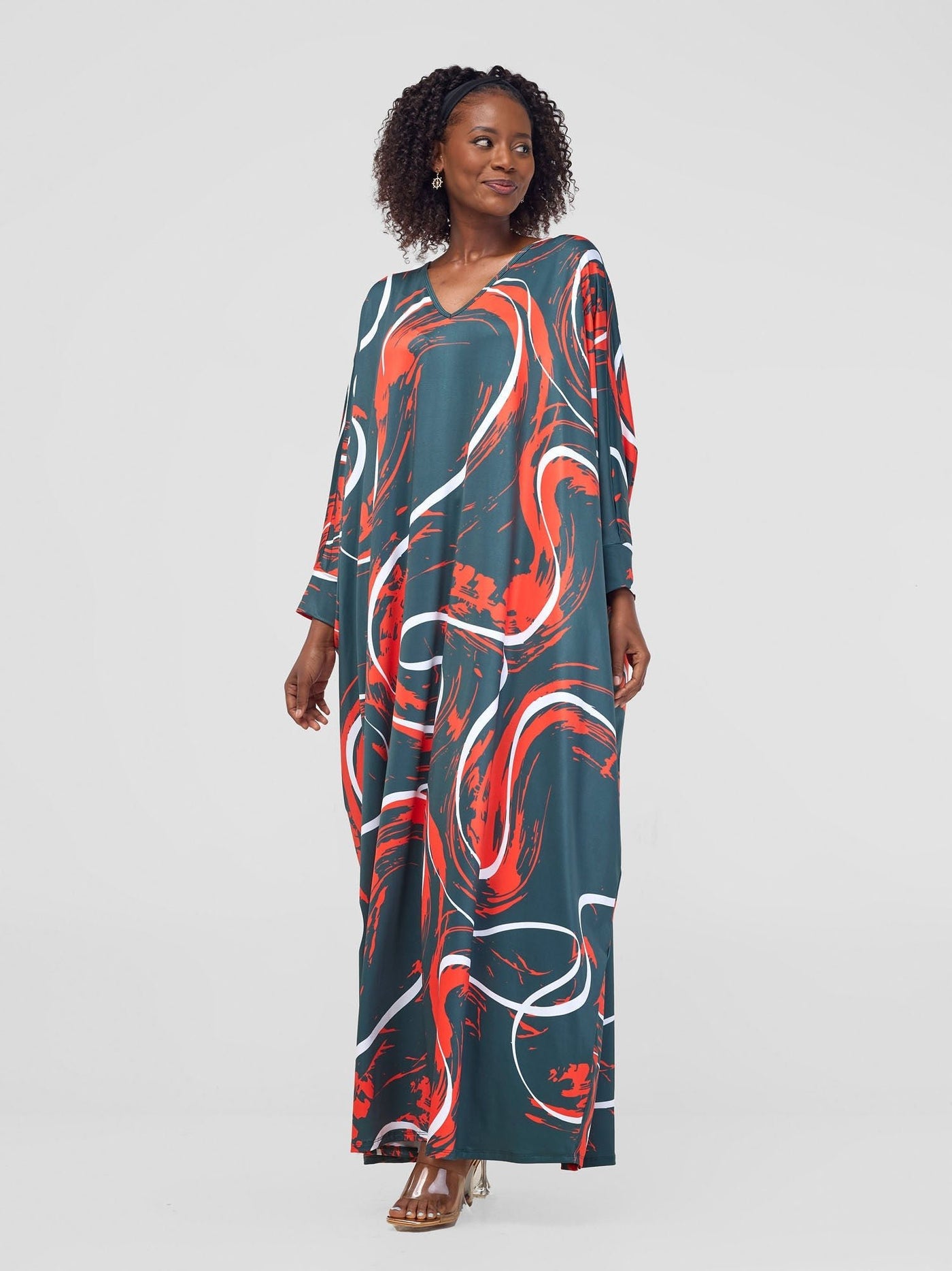 Vivo Lumi Cuffed Dolman Maxi Dress - Green / Orange Kita Print - Shopzetu