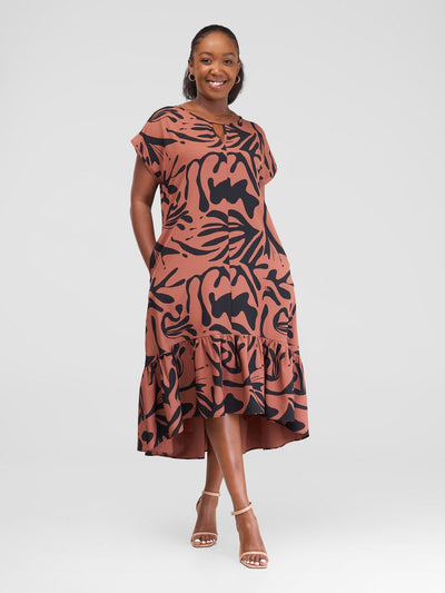 Vivo Zahari Drop Shoulder High Low Dress - Rust / Black Zari Print - Shopzetu