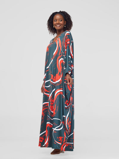 Vivo Lumi Cuffed Dolman Maxi Dress - Green / Orange Kita Print - Shopzetu