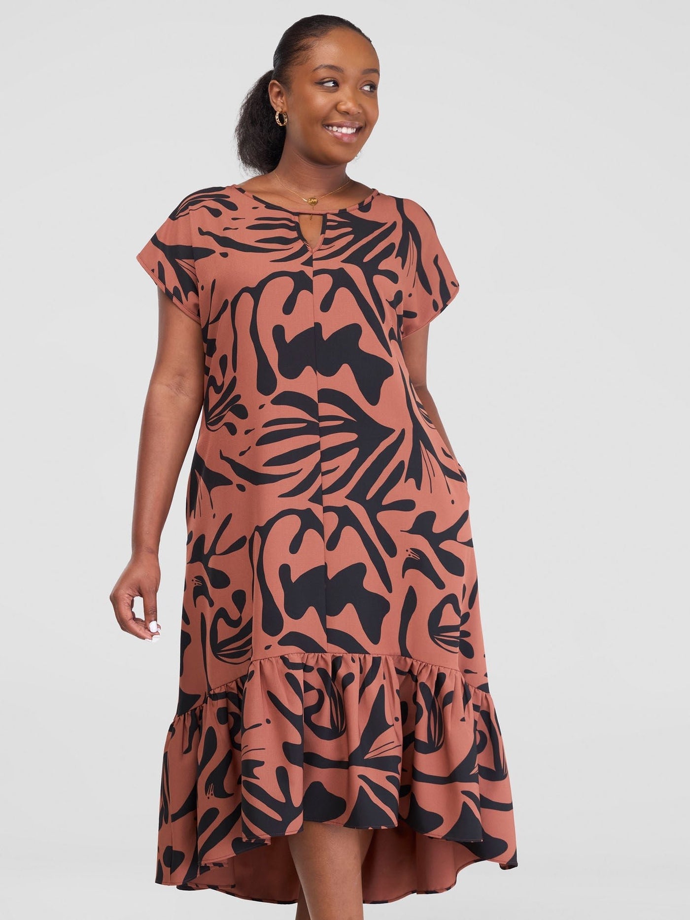 Vivo Zahari Drop Shoulder High Low Dress - Rust / Black Zari Print - Shopzetu