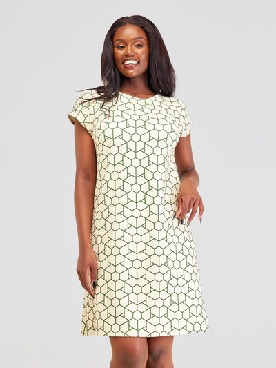 Vivo Imara Cap Sleeve A - Line Dress - Taupe / Olive Saku Print - Shopzetu