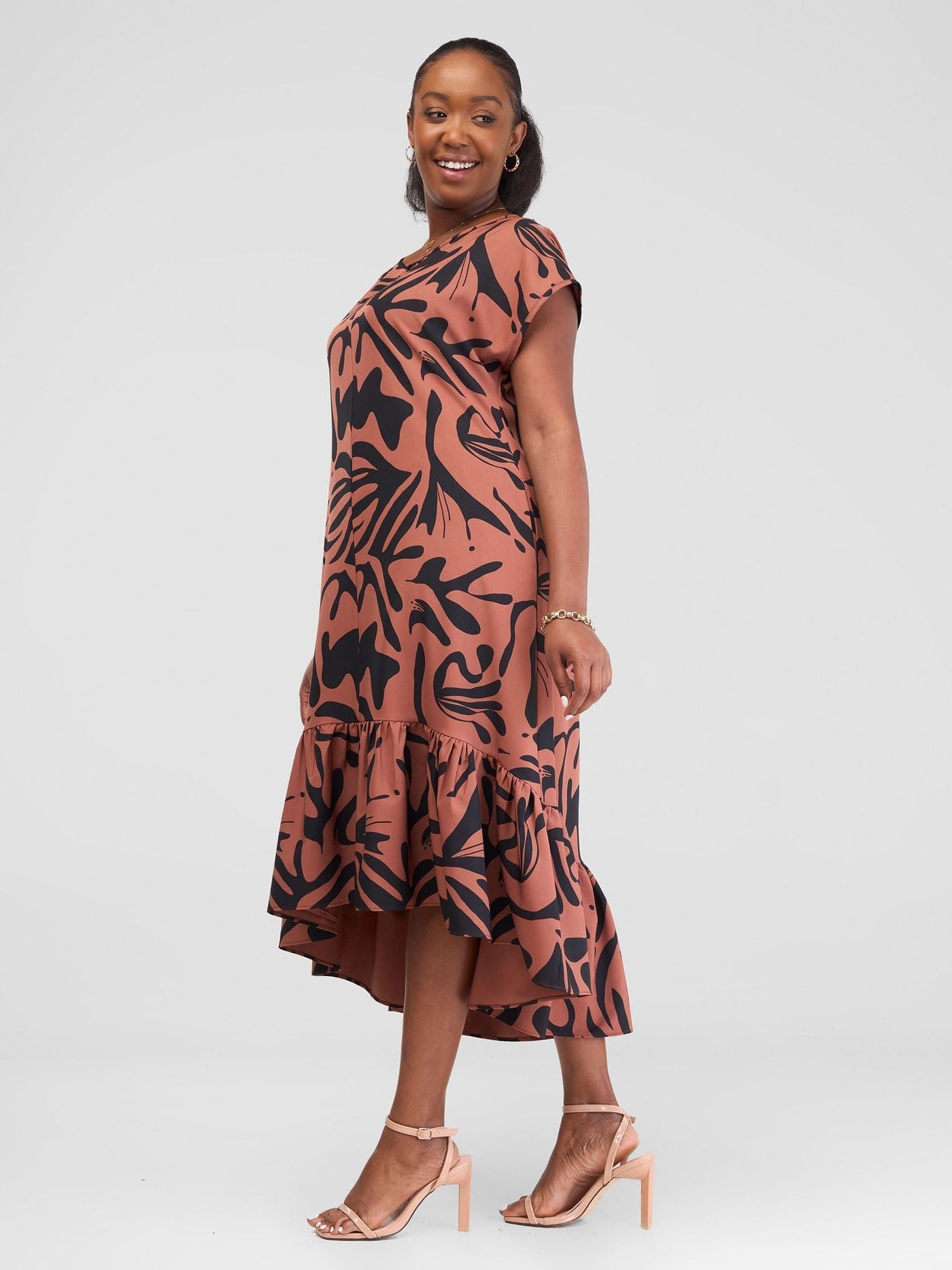 Vivo Zahari Drop Shoulder High Low Dress - Rust / Black Zari Print - Shopzetu