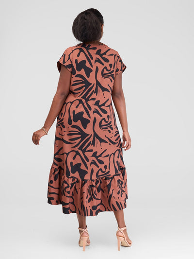 Vivo Zahari Drop Shoulder High Low Dress - Rust / Black Zari Print - Shopzetu