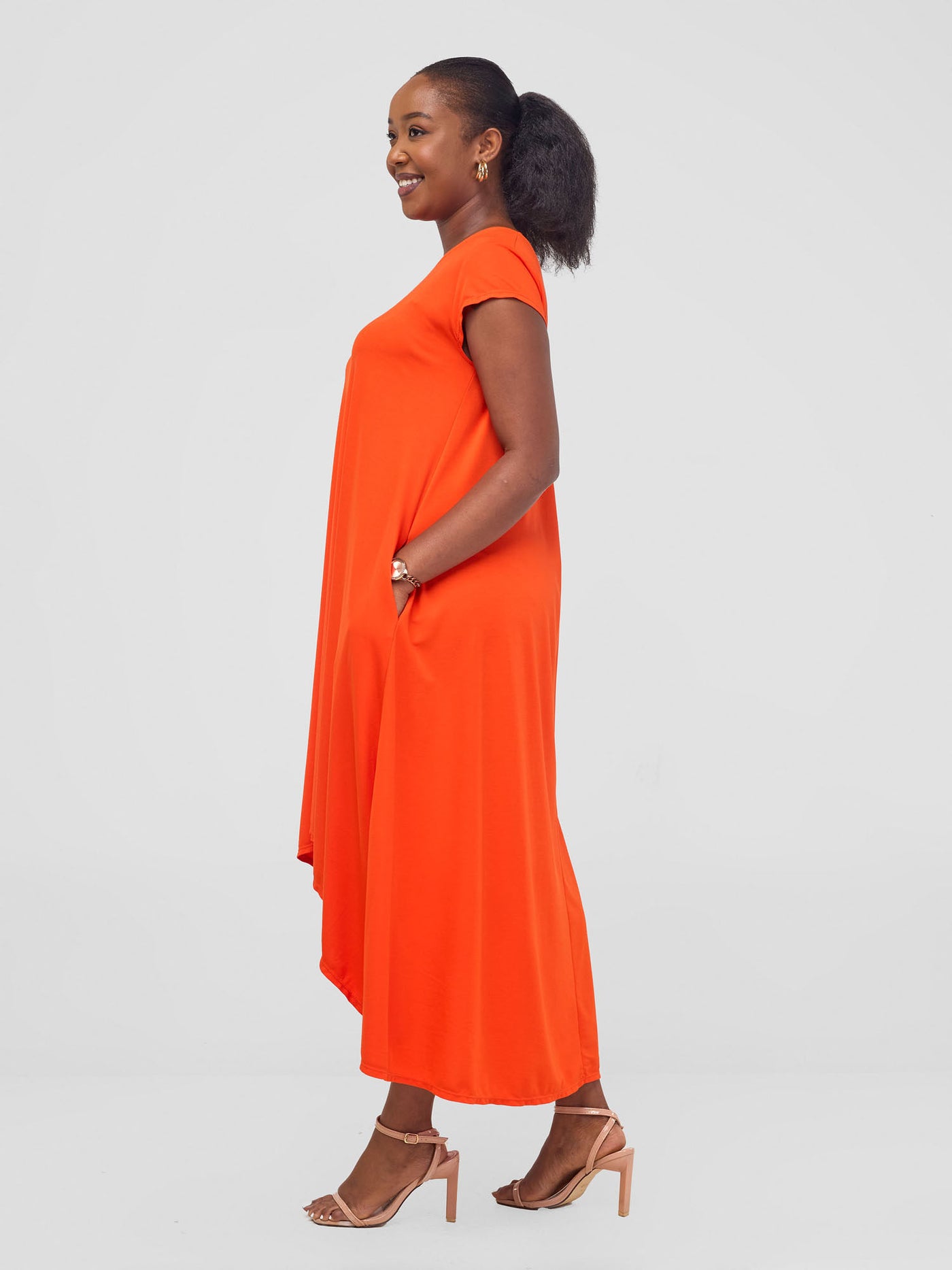 Vivo Ponte Back Pleat High Low Dress - Orange