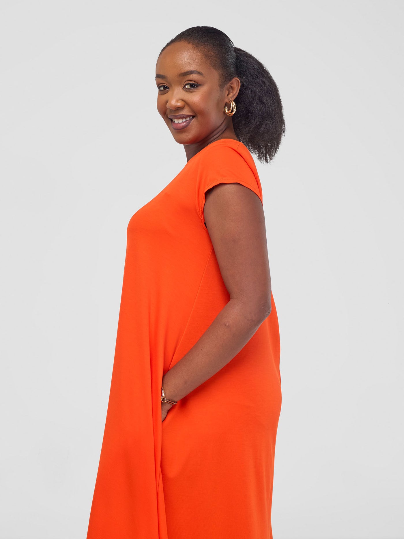 Vivo Ponte Back Pleat High Low Dress - Orange