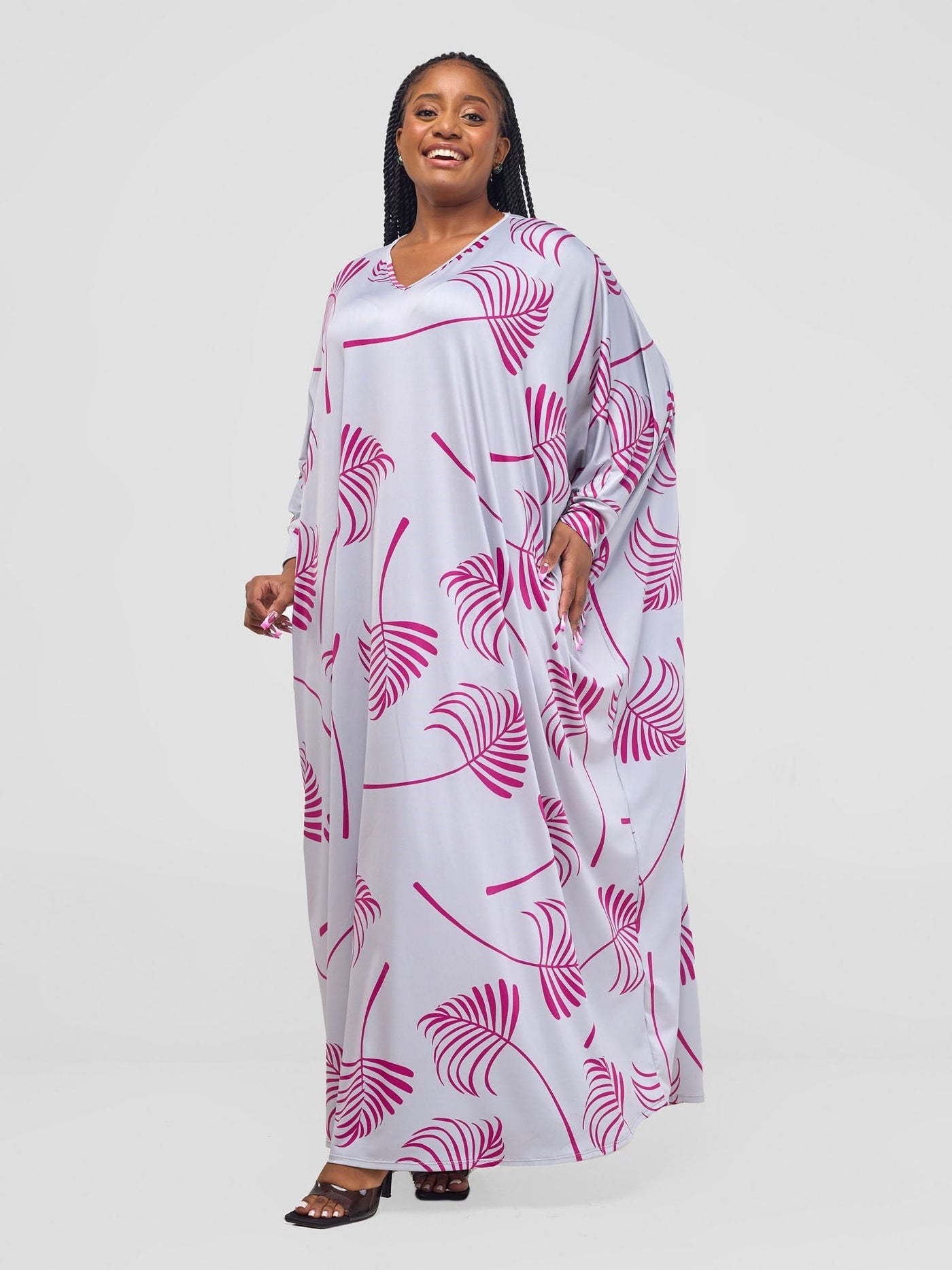 Vivo Lumi Cuffed Dolman Maxi Dress - Grey / Purple Lifi Print - Shopzetu