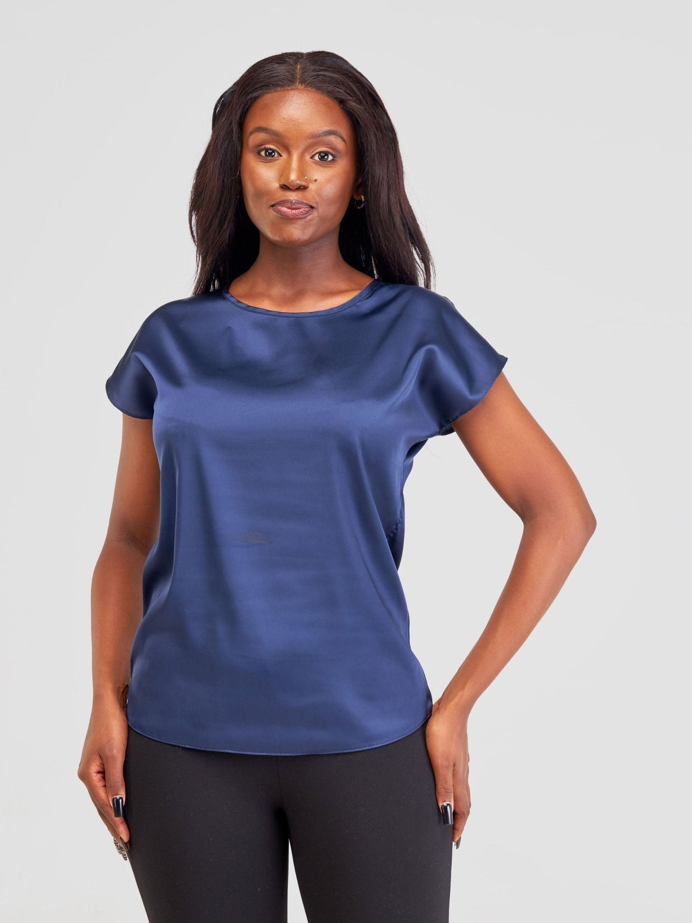 Vivo Basic Satin Dropped Shoulder Top - Dark Blue - Shopzetu