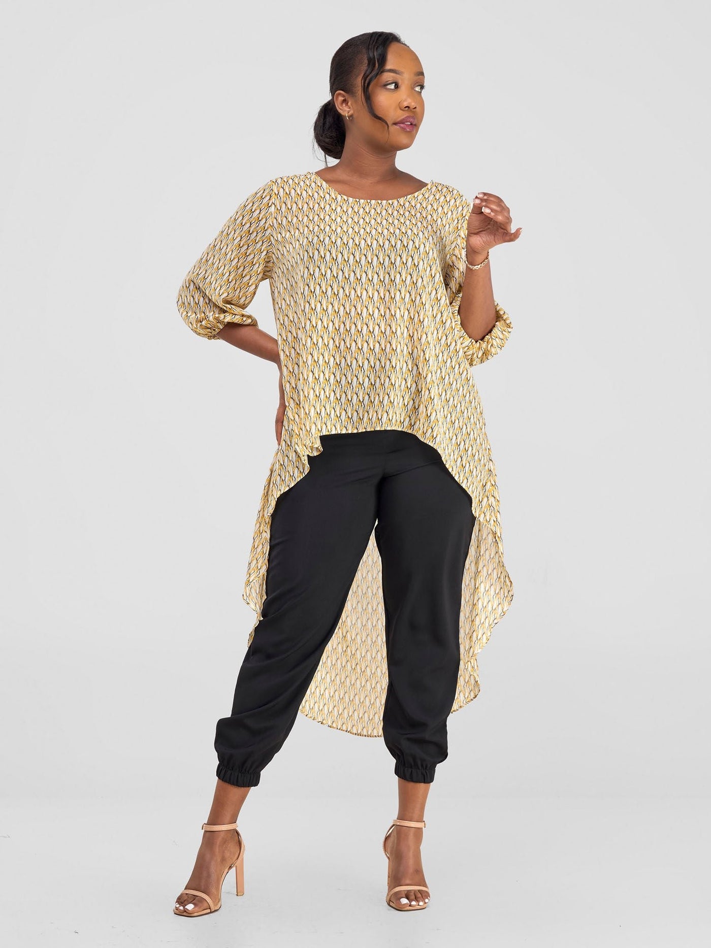 Vivo Basic Nalia High - low Chiffon Top - Mustard / Brown Print - Shopzetu