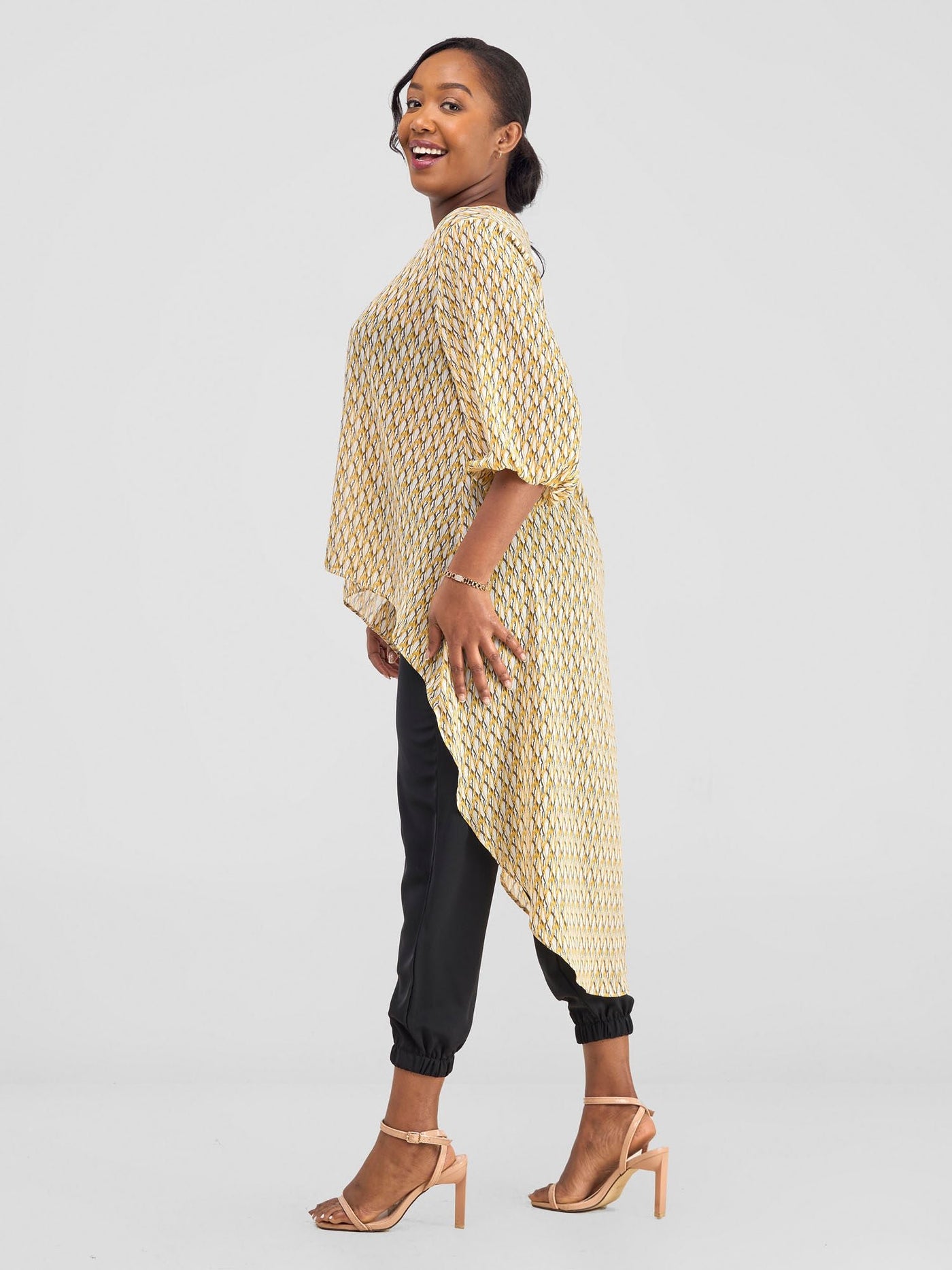 Vivo Basic Nalia High - low Chiffon Top - Mustard / Brown Print - Shopzetu