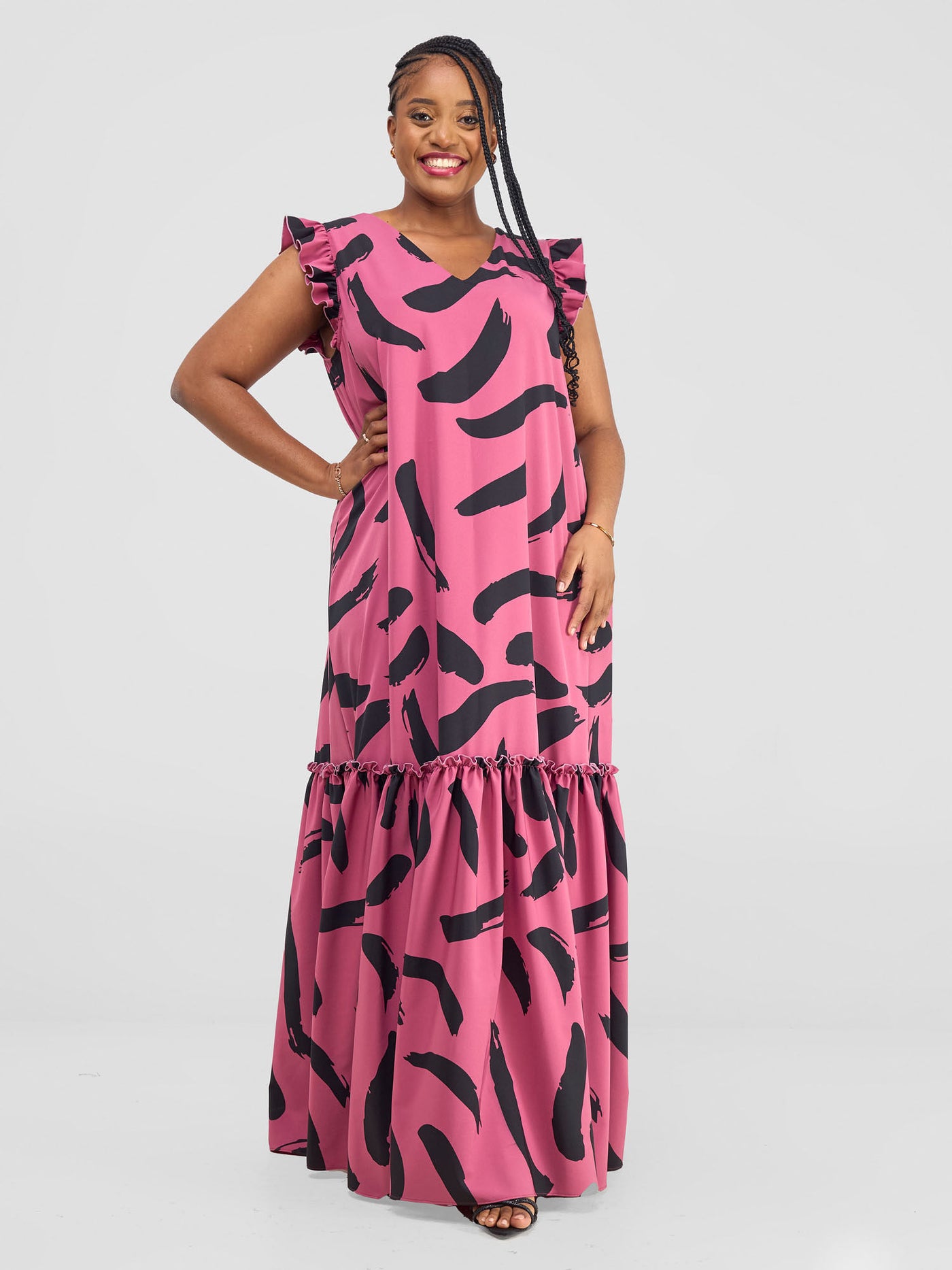 Vivo Nasinka V-Neck Maxi Dress - Dark Pink / Black Nasi Print