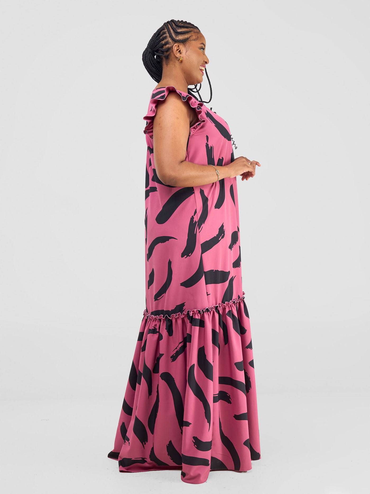 Vivo Nasinka V-Neck Maxi Dress - Dark Pink / Black Nasi Print