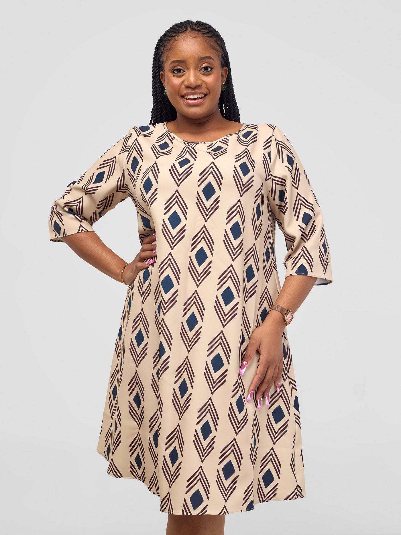 Vivo Pendo 3/4 Sleeve Knee Length Tent Dress - Taupe / Black  Shale Print