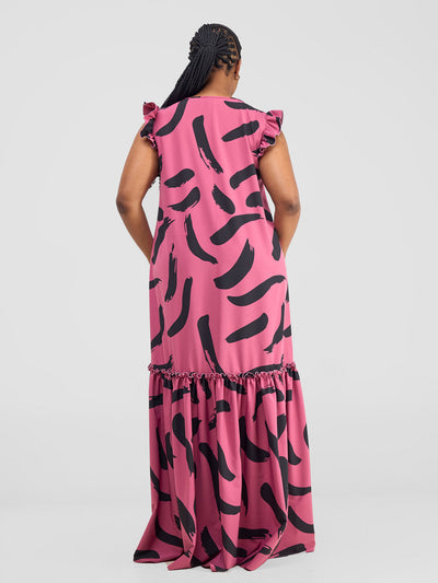 Vivo Nasinka V-Neck Maxi Dress - Dark Pink / Black Nasi Print