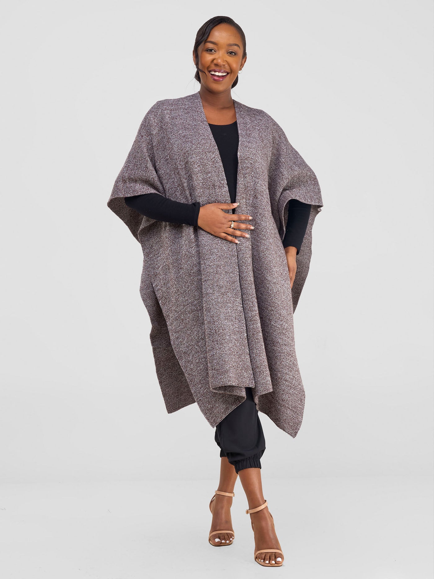 Vivo Basic Double Layered Wrap Poncho (Without Fringe) - Chocolate Brown / White