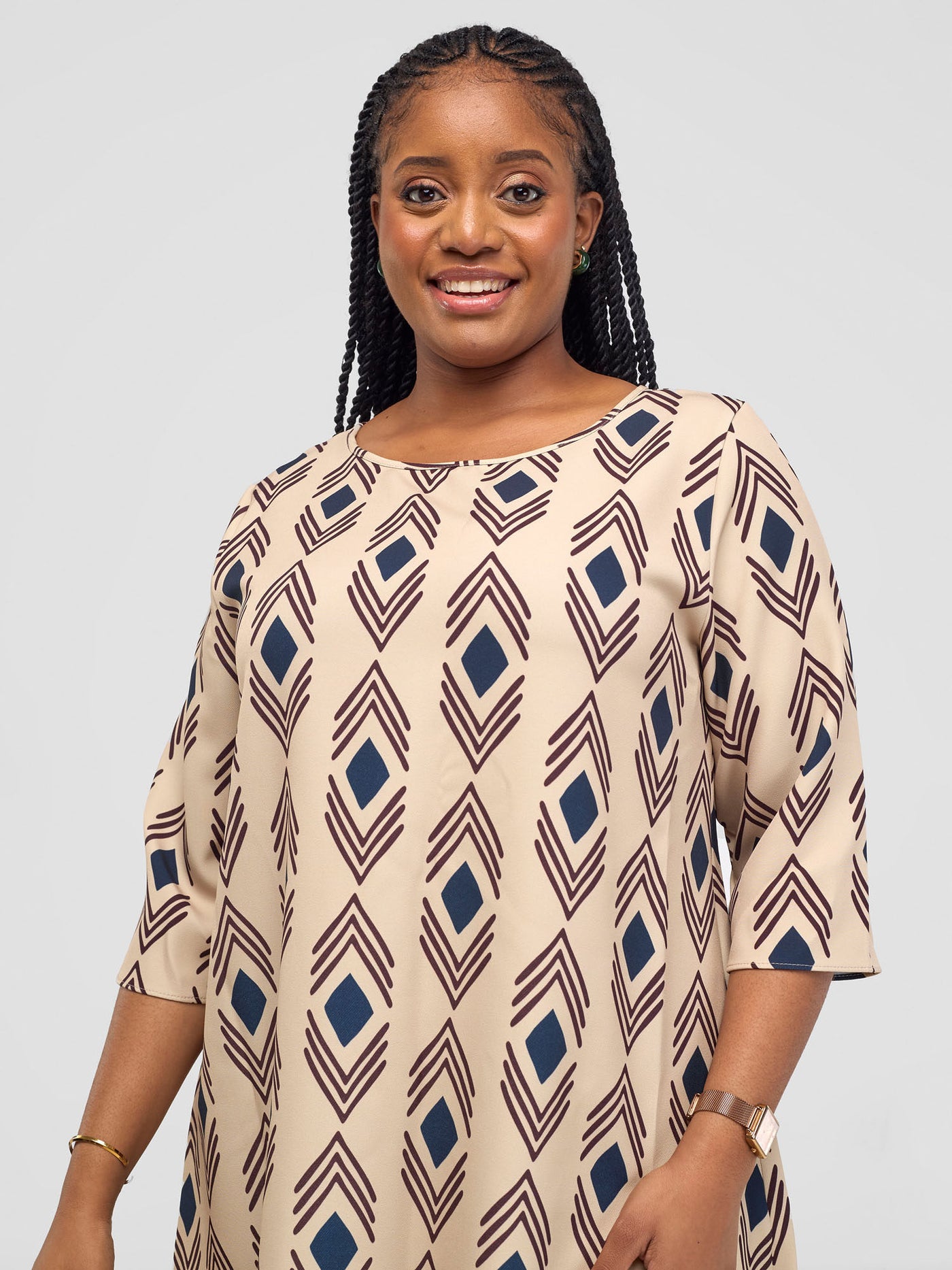 Vivo Pendo 3/4 Sleeve Knee Length Tent Dress - Taupe / Black  Shale Print