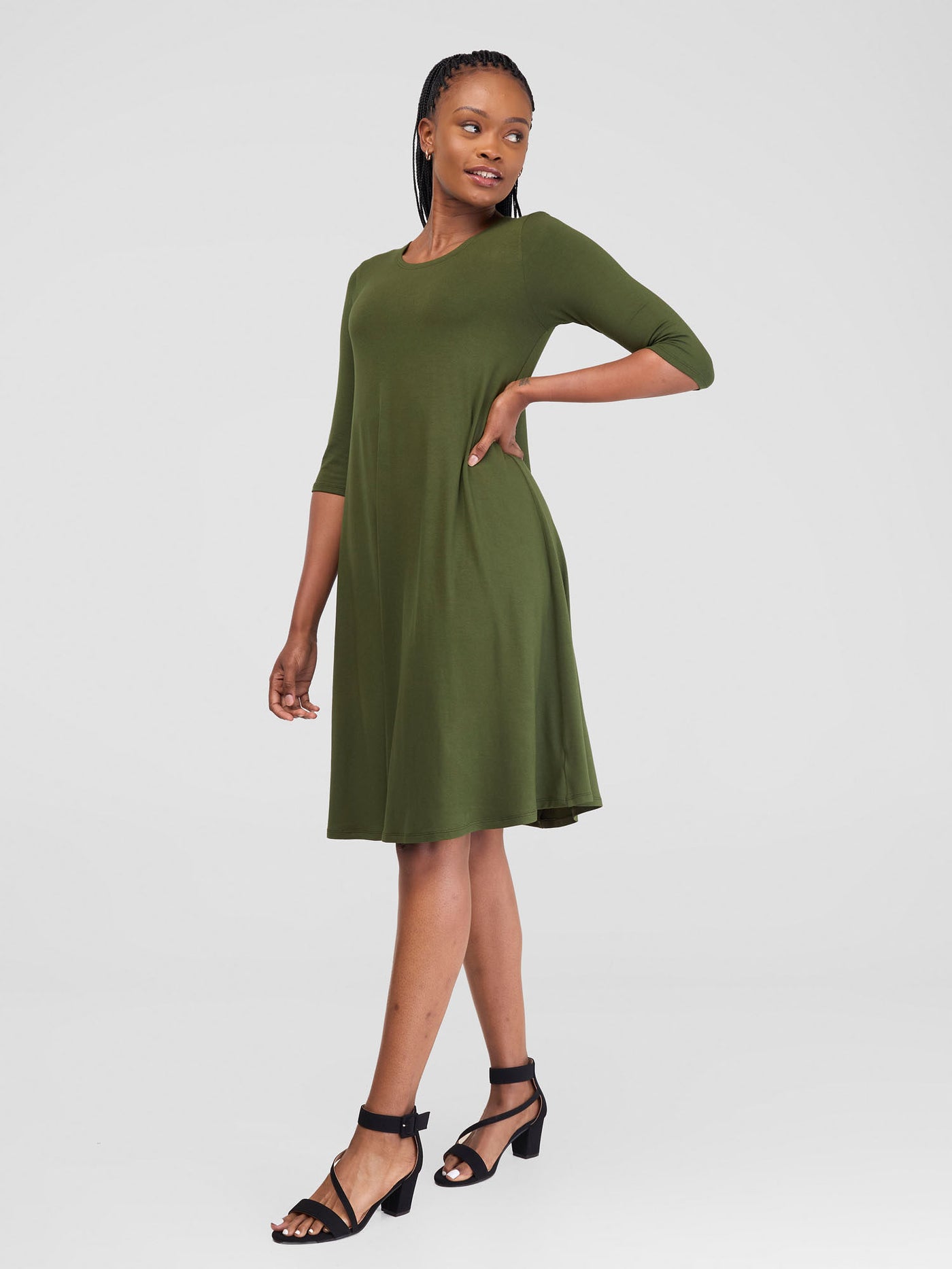 Basic Julia 3/4 Sleeve  Back Pleat Knee Length Dress - Hunters Green