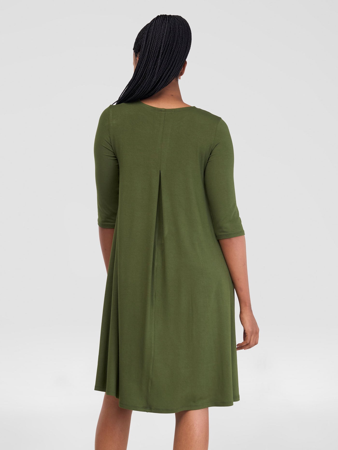 Basic Julia 3/4 Sleeve  Back Pleat Knee Length Dress - Hunters Green