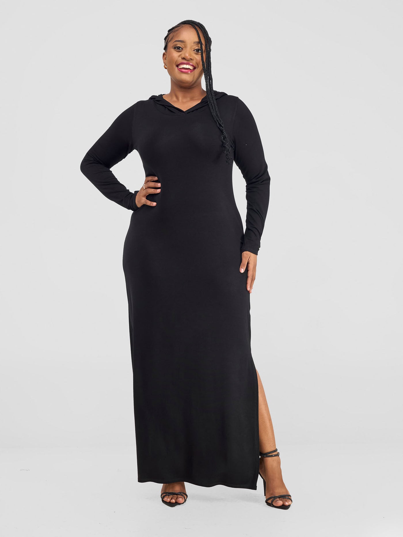 Vivo Kala Side  Slit Hooded Maxi Dress - Black