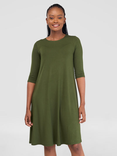 Vivo Basic Julia 3/4 Sleeve  Back Pleat Knee Length Dress - Hunters Green