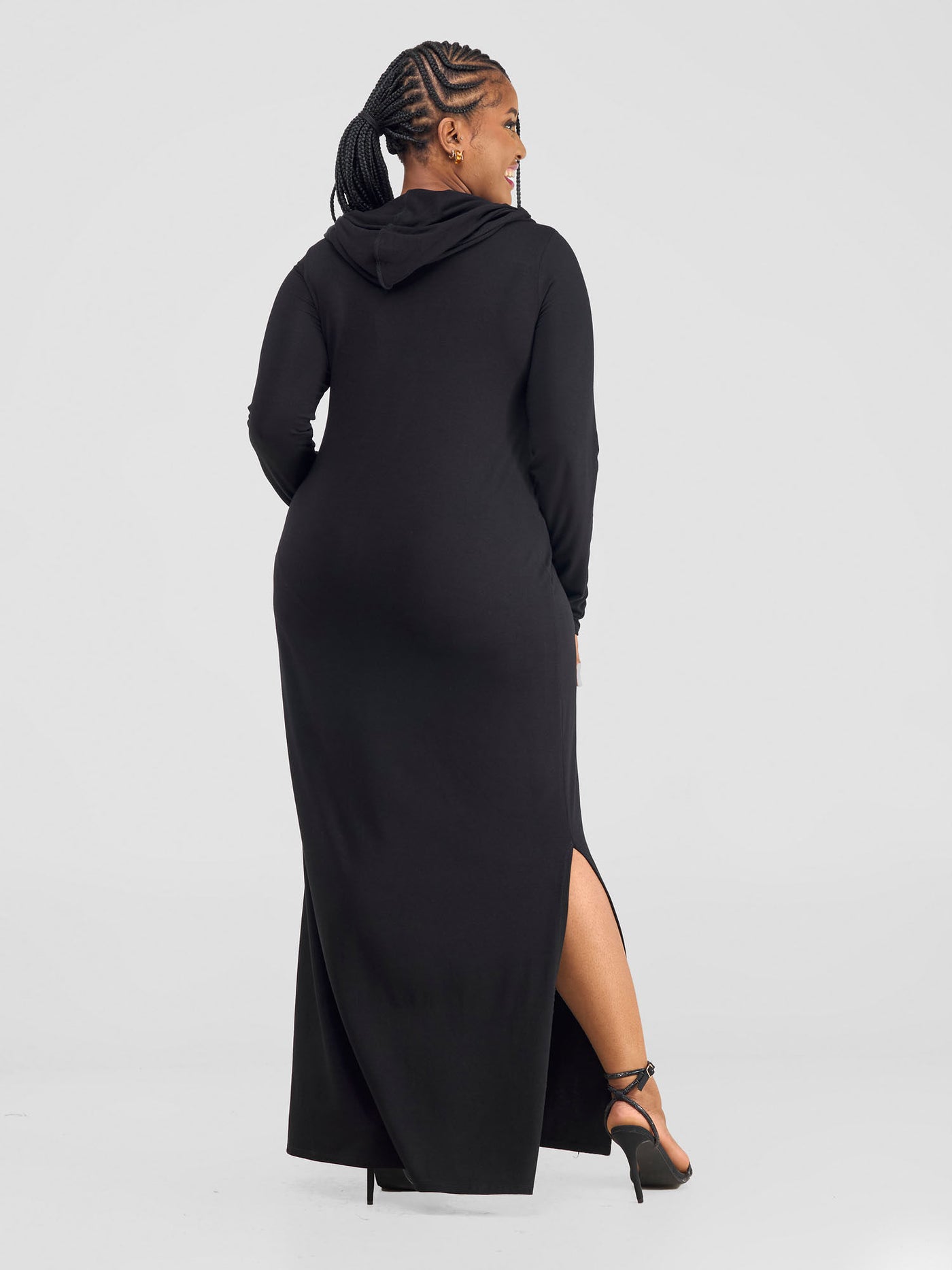 Vivo Kala Side  Slit Hooded Maxi Dress - Black