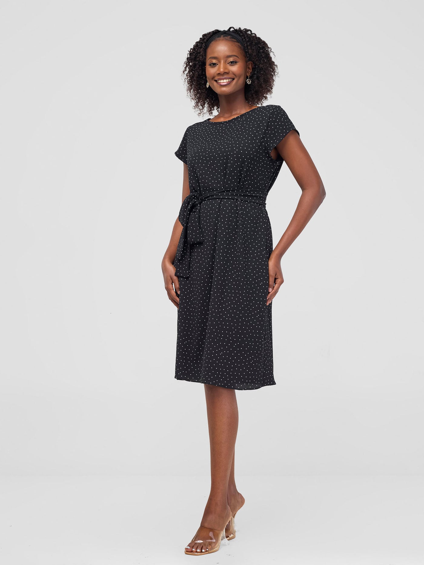 Vivo Muna Cap Sleeve Dress - Black Polka Dot Small Print