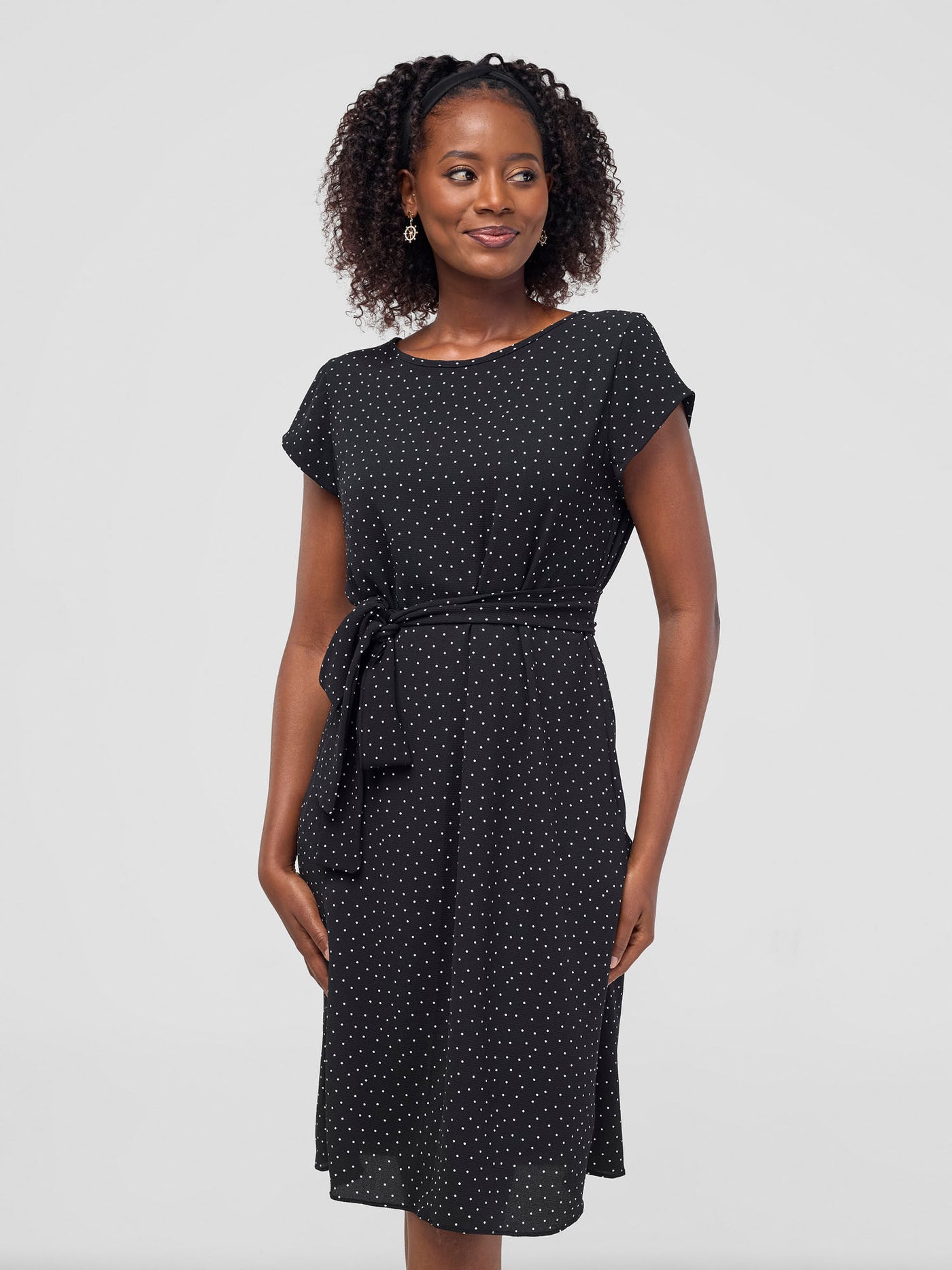 Vivo Muna Cap Sleeve Dress - Black Polka Dot Small Print