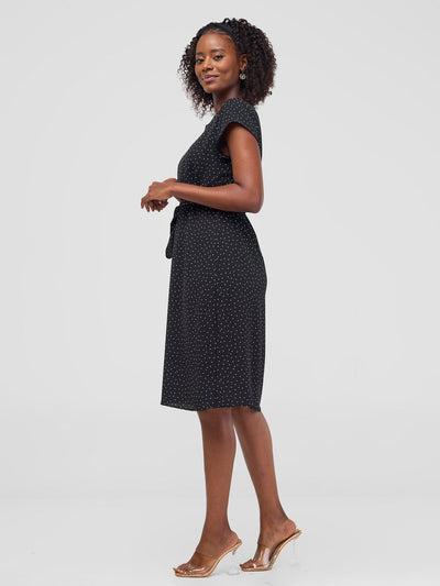 Vivo Muna Cap Sleeve Dress - Black Polka Dot Small Print