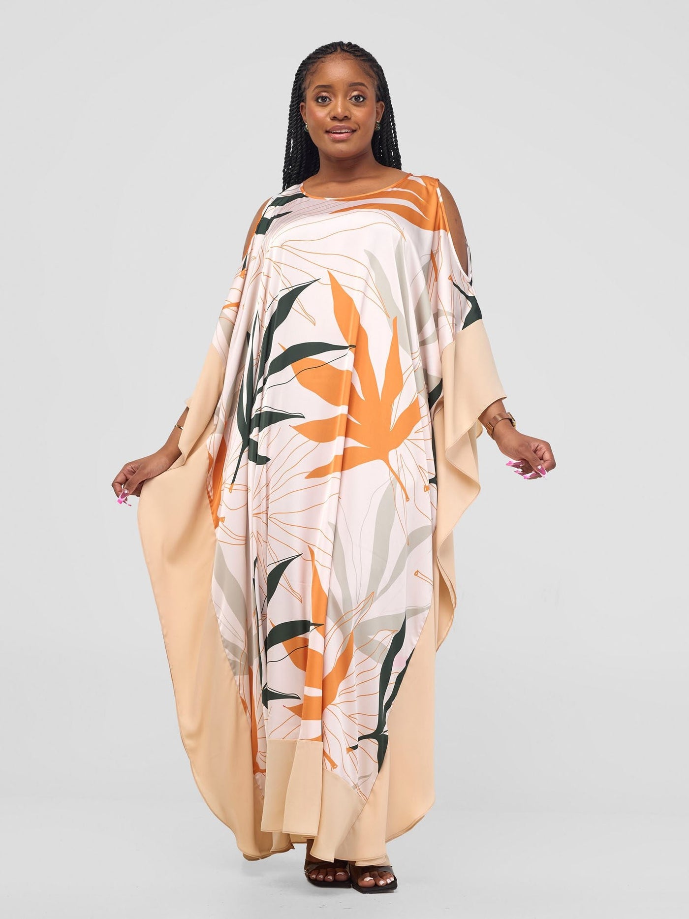 Vivo Kelemi Maxi Kaftan Dress - Mustard / Green Leke Print + Cream - Shopzetu