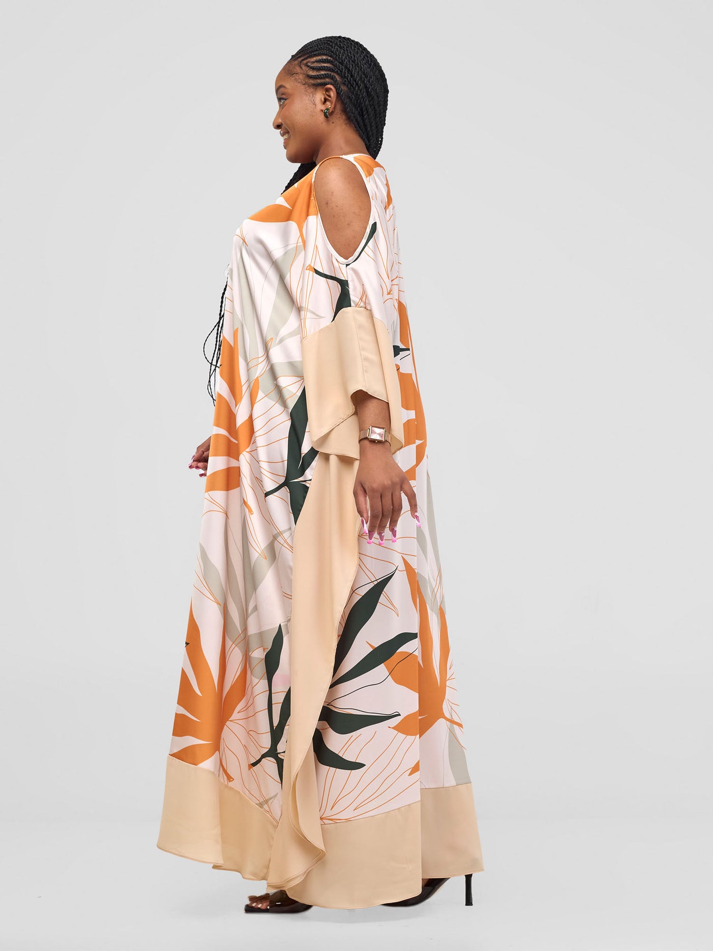 Vivo Kelemi Maxi Kaftan Dress - Mustard / Green Leke Print + Cream - Shopzetu