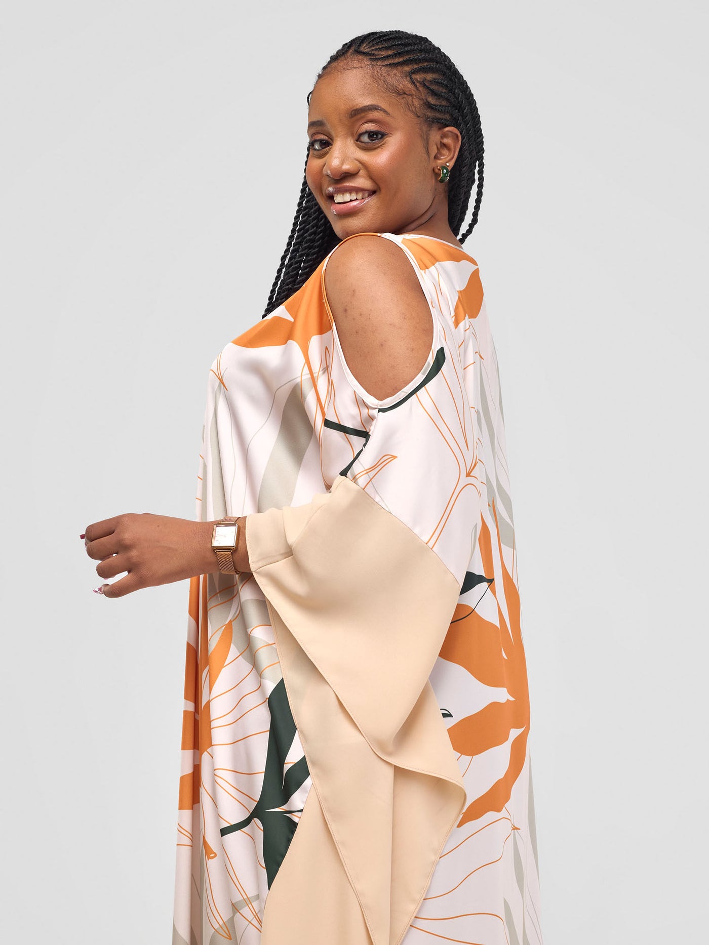 Vivo Kelemi Maxi Kaftan Dress - Mustard / Green Leke Print + Cream - Shopzetu