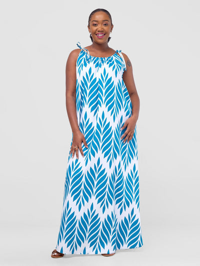 Vivo Maisha Strappy Maxi Dress - White / Teal Print - Shopzetu