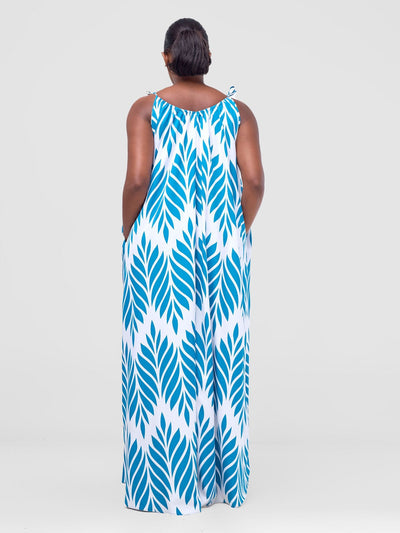 Vivo Maisha Strappy Maxi Dress - White / Teal Print - Shopzetu