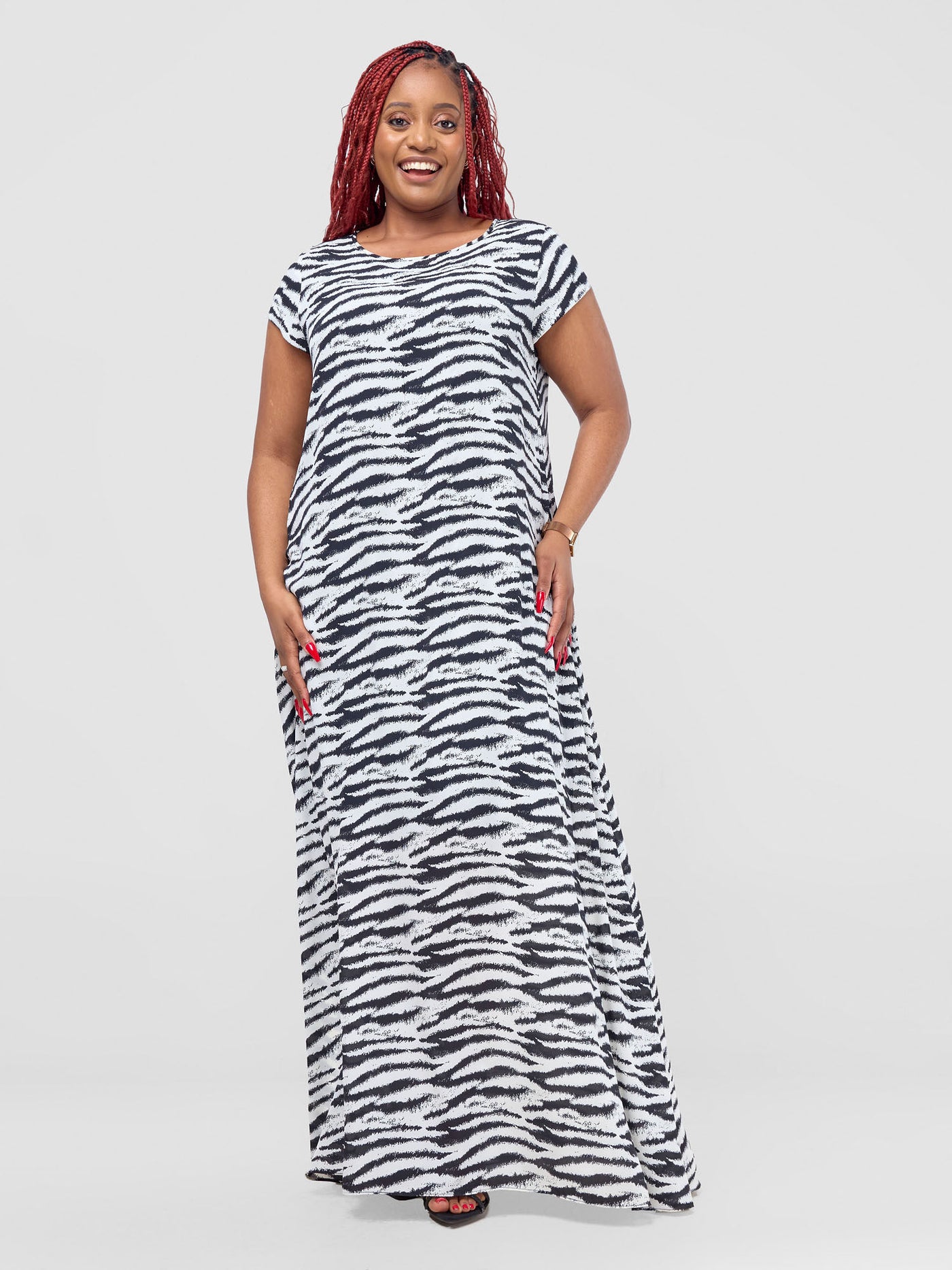 Vivo Basic Cap Sleeve Maxi Tent Dress - White / Black Print